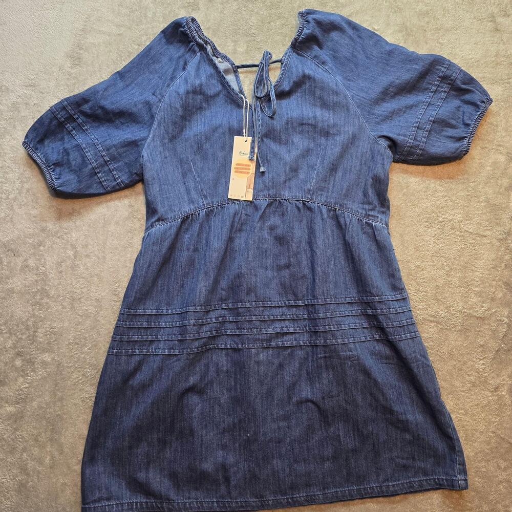 Dokotoo Dress Womens L Blue Denim Short V-Neck Tassel Swing Pockets Casual
